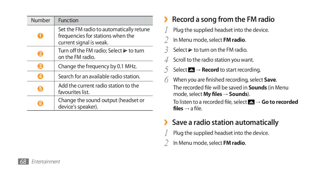 Samsung GT-S8500HKAEGY, GT-S8500BAATUR manual ›› Record a song from the FM radio, ›› Save a radio station automatically 