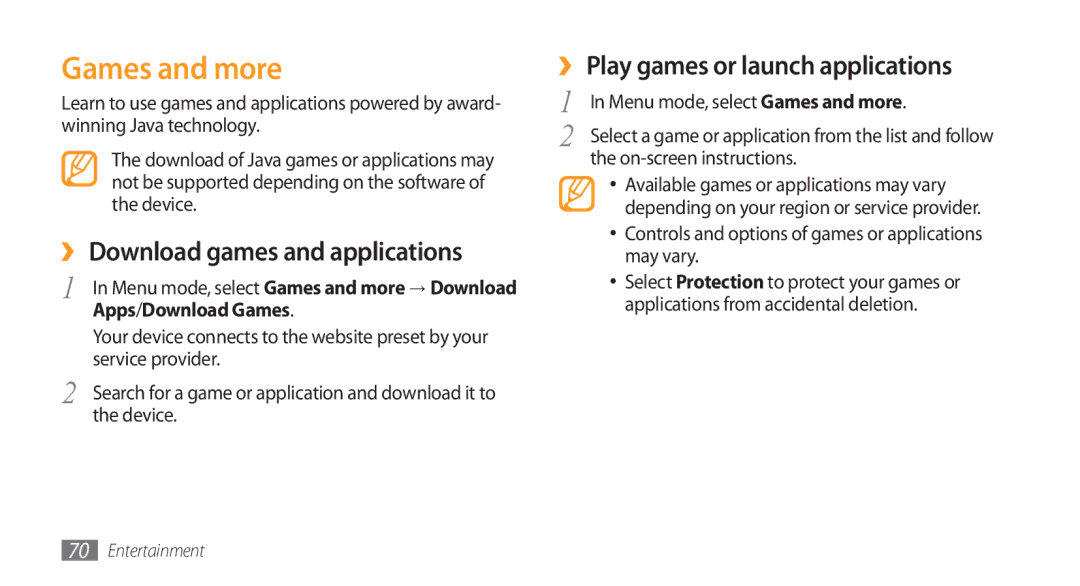 Samsung GT-S8500BAAEGY manual Games and more, ›› Download games and applications, ›› Play games or launch applications 