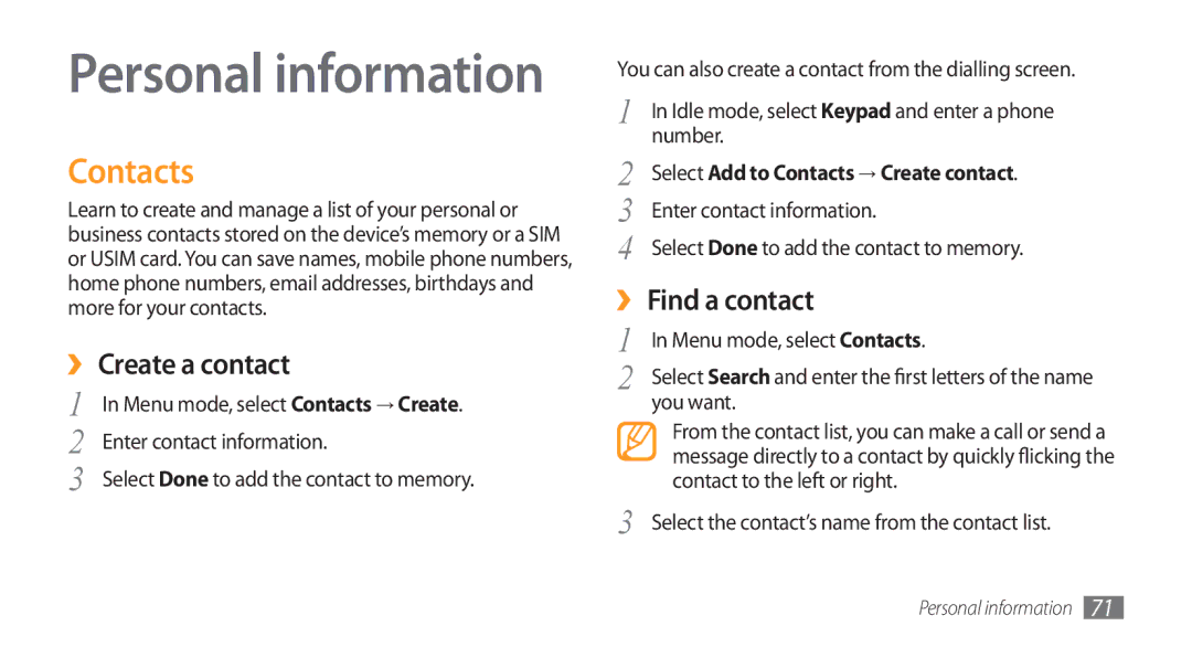 Samsung GT-S8500BAAABS, GT-S8500BAATUR, GT-S8500HKJECT, GT-S8500HKNXSG manual Contacts, ›› Create a contact, ›› Find a contact 