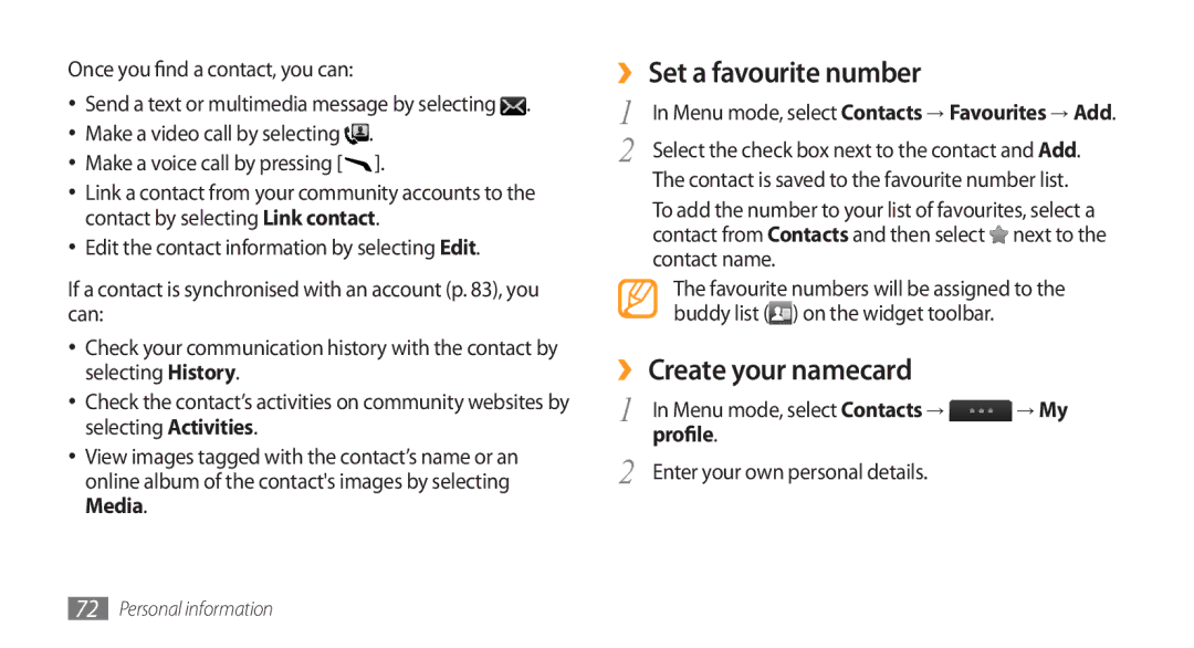 Samsung GT-S8500BAAPAK, GT-S8500BAATUR, GT-S8500HKJECT manual ›› Set a favourite number, ›› Create your namecard, Profile 