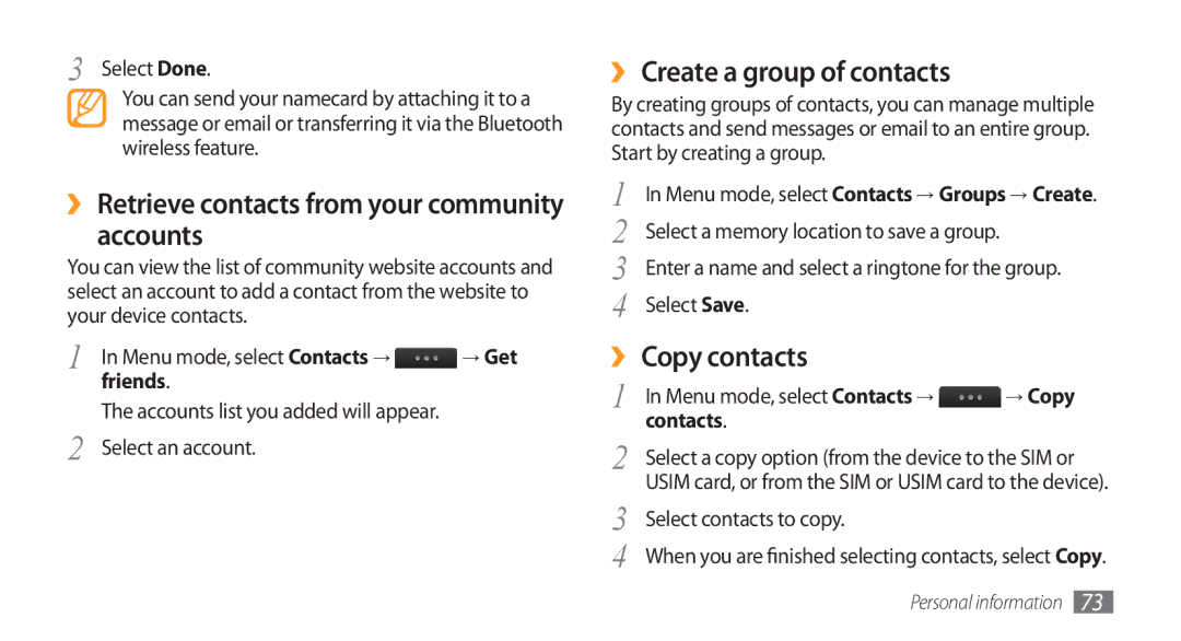 Samsung GT-S8500BAATMC, GT-S8500BAATUR, GT-S8500HKJECT manual Accounts, ›› Create a group of contacts, ›› Copy contacts 