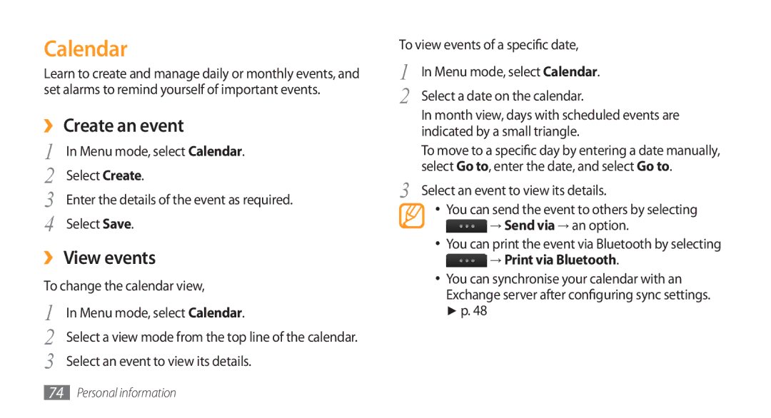 Samsung GT-S8500BANXSG, GT-S8500BAATUR, GT-S8500HKJECT Calendar, ›› Create an event, ›› View events, → Print via Bluetooth 