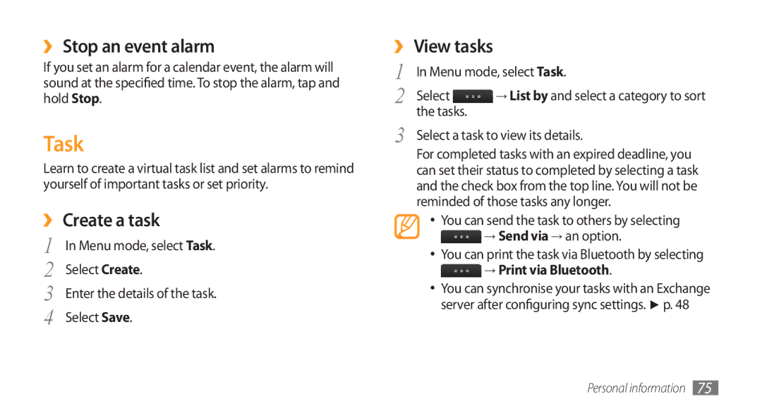 Samsung GT-S8500GAAJED, GT-S8500BAATUR, GT-S8500HKJECT manual Task, ›› Stop an event alarm, ›› Create a task, ›› View tasks 