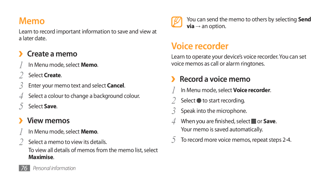 Samsung GT-S8500HKAJED, GT-S8500BAATUR manual Memo, Voice recorder, ›› Create a memo, ›› View memos, ›› Record a voice memo 