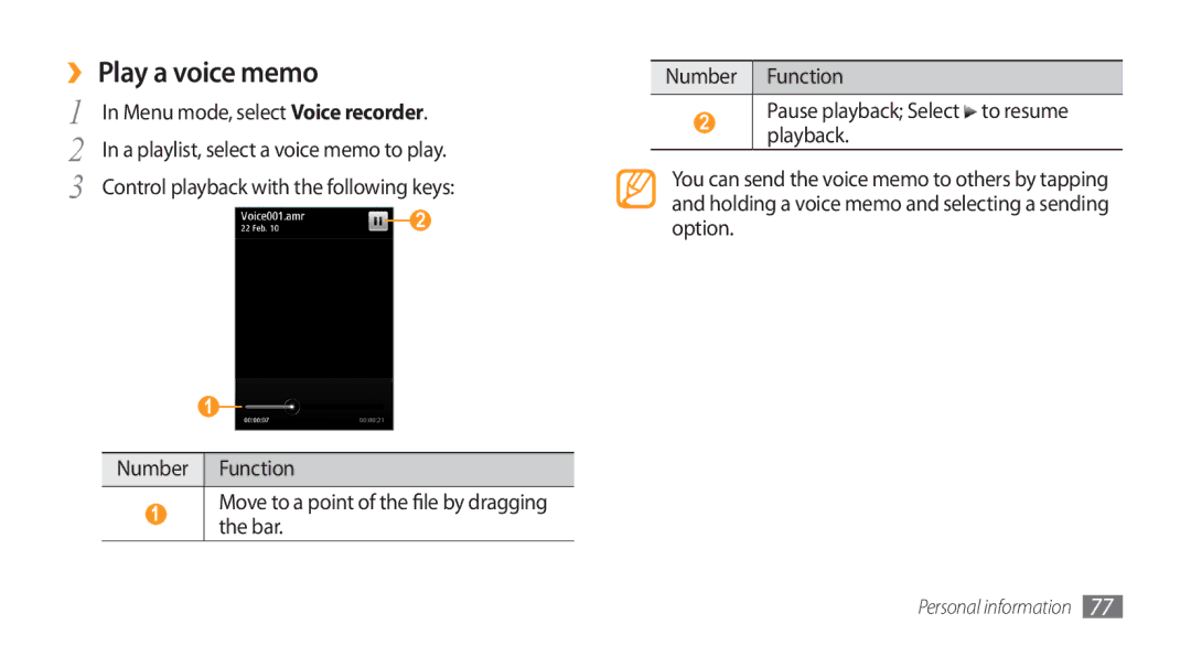 Samsung GT-S8500LRAJED, GT-S8500BAATUR, GT-S8500HKJECT, GT-S8500HKNXSG, GT-S8500BAAKSA, GT-S8500BAJECT ›› Play a voice memo 