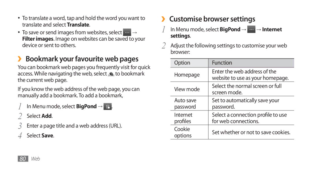 Samsung GT-S8500HKATHR, GT-S8500BAATUR manual ›› Bookmark your favourite web pages, ›› Customise browser settings, Settings 