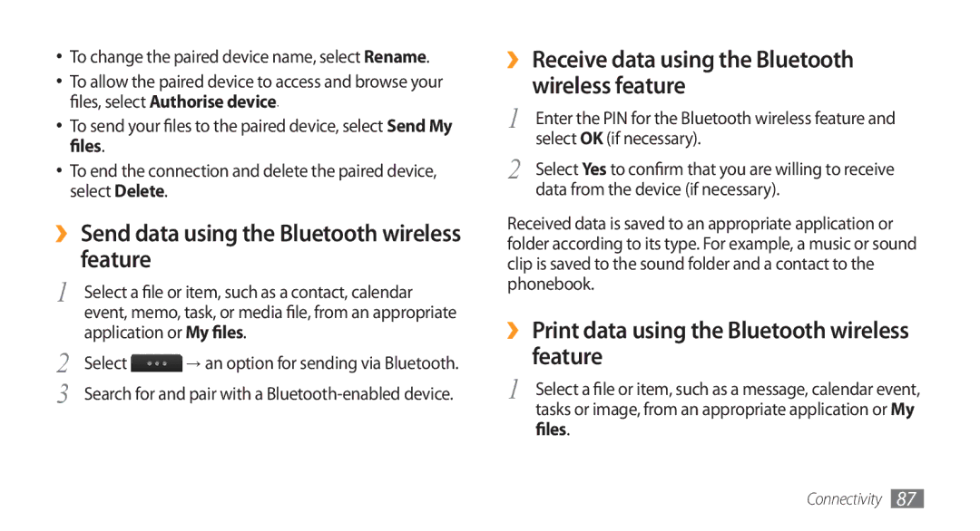 Samsung GT-S8500BAAXXV, GT-S8500BAATUR, GT-S8500HKJECT manual ›› Send data using the Bluetooth wireless feature, Files 