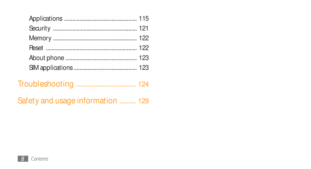 Samsung GT-S8500BAAMID, GT-S8500BAATUR, GT-S8500HKJECT manual Troubleshooting, Safety and usage information, 121, 122, 123 