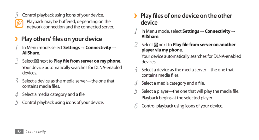 Samsung GT-S8500BAACEL manual ›› Play others files on your device, ›› Play files of one device on the other device 