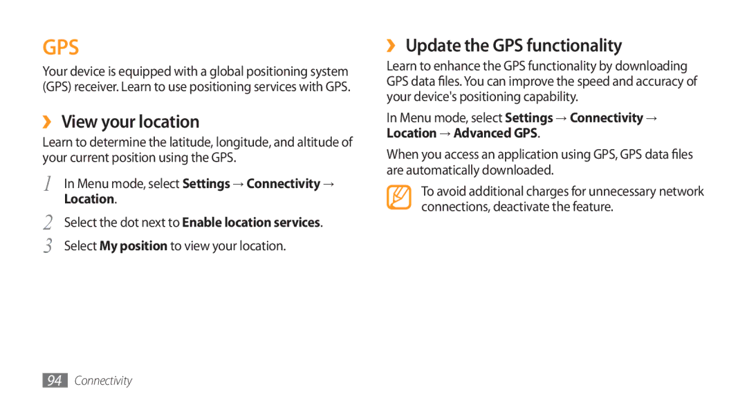 Samsung SWG-S8500BAPTR, GT-S8500BAATUR, GT-S8500HKJECT ›› View your location, ›› Update the GPS functionality, Location 