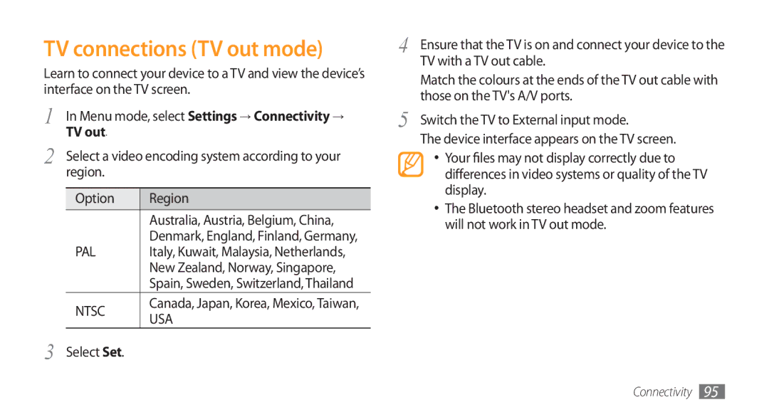 Samsung GT-S8500BAATUR, GT-S8500HKJECT, GT-S8500HKNXSG, GT-S8500BAAKSA, GT-S8500BAJECT manual TV connections TV out mode 