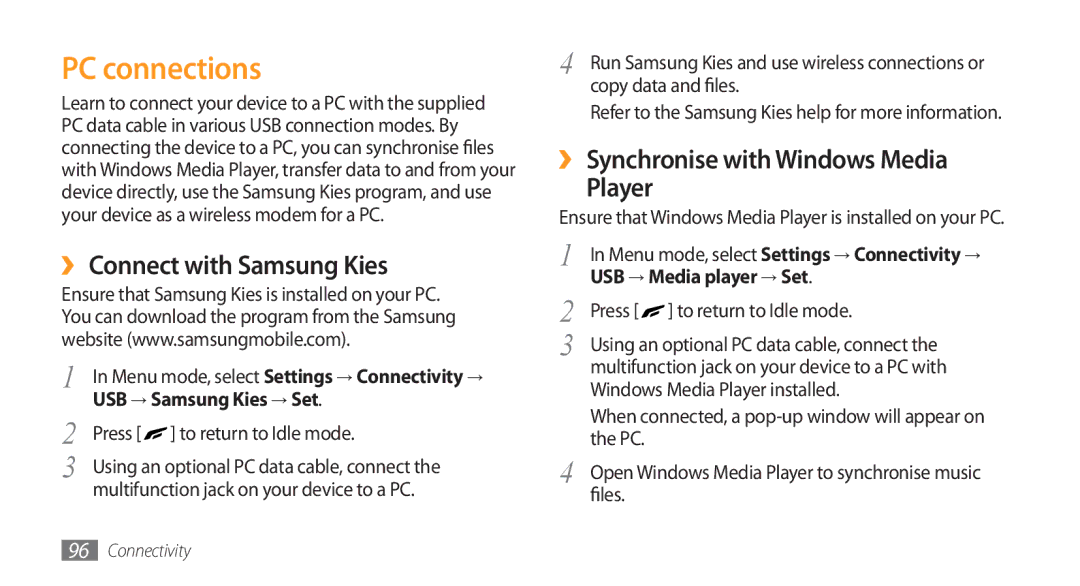 Samsung GT-S8500HKJECT manual PC connections, ›› Connect with Samsung Kies, ›› Synchronise with Windows Media Player 