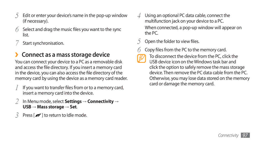 Samsung GT-S8500HKNXSG, GT-S8500BAATUR, GT-S8500HKJECT manual ›› Connect as a mass storage device, USB → Mass storage → Set 