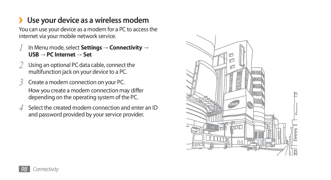 Samsung GT-S8500BAAKSA, GT-S8500BAATUR manual ›› Use your device as a wireless modem, Create a modem connection on your PC 