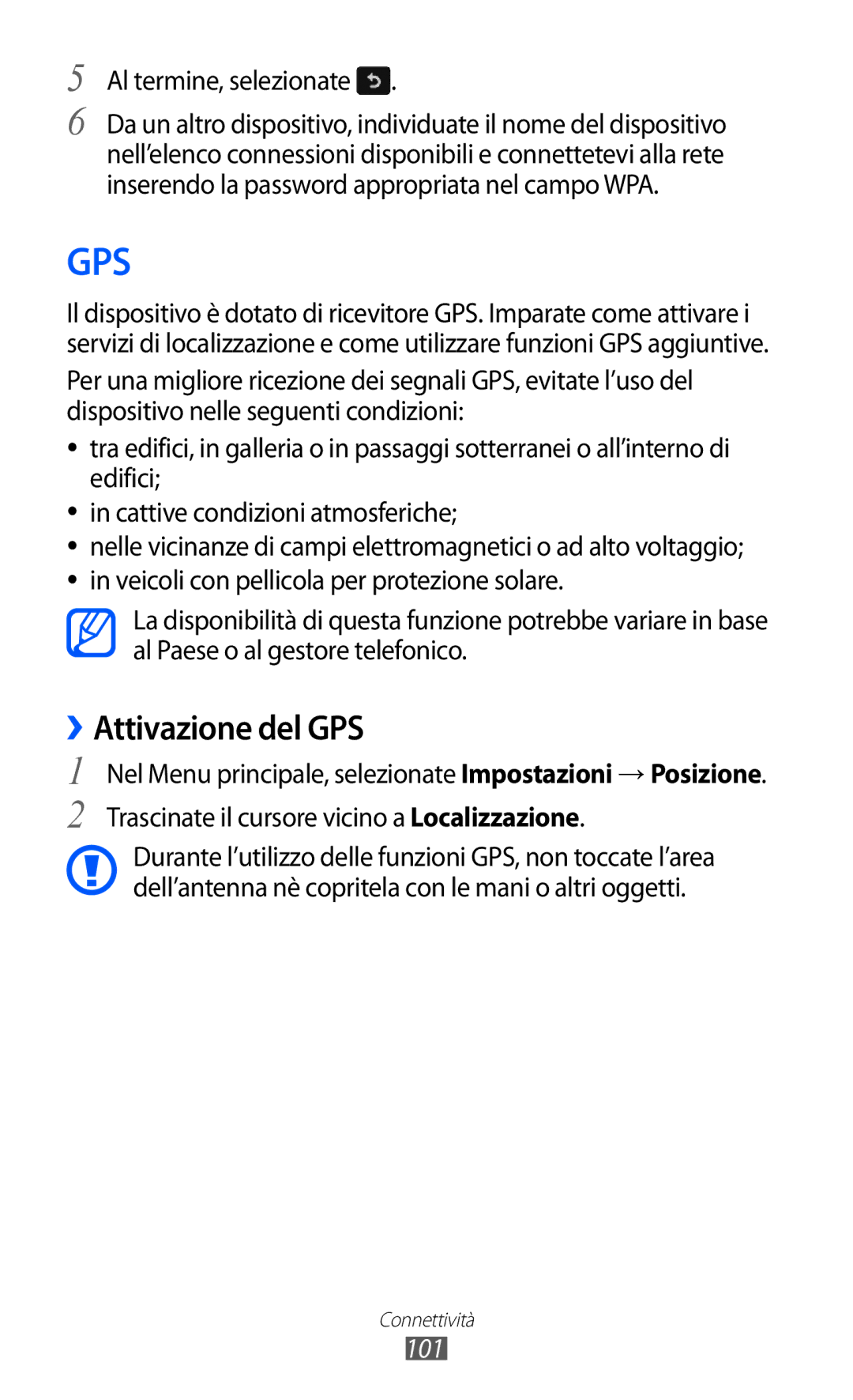 Samsung GT-S8500HKAHUI, GT-S8500HKAOMN, GT-S8500BAATIM, GT-S8500ISATIM ››Attivazione del GPS, Al termine, selezionate, 101 