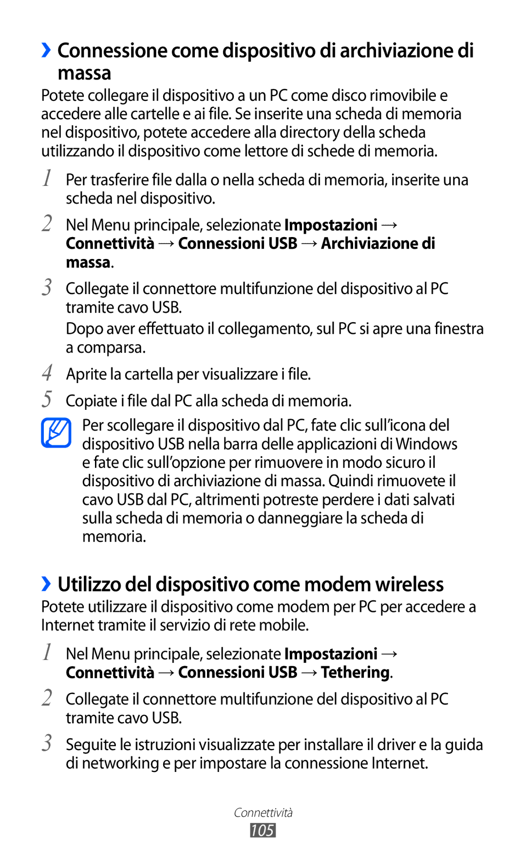 Samsung GT-S8500BAATIM, GT-S8500HKAOMN, GT-S8500ISATIM manual ››Connessione come dispositivo di archiviazione di massa, 105 