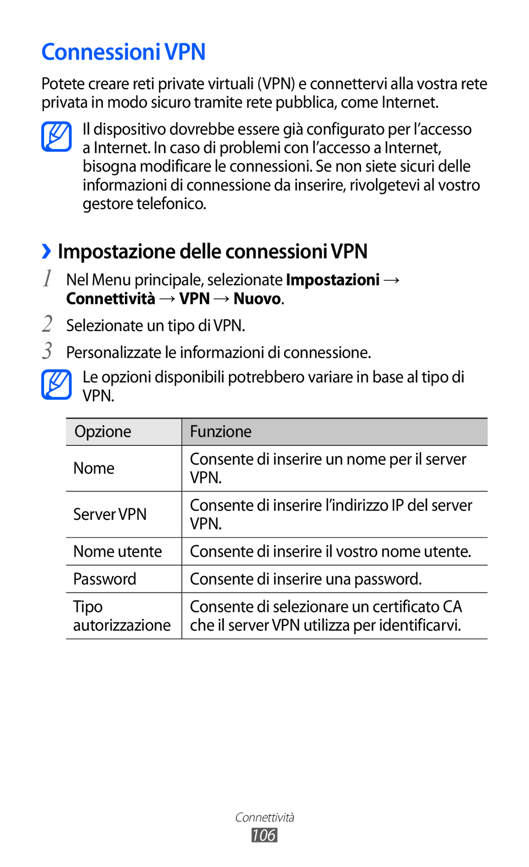 Samsung GT-S8500ISATIM manual Connessioni VPN, ››Impostazione delle connessioni VPN, Connettività → VPN → Nuovo, 106 