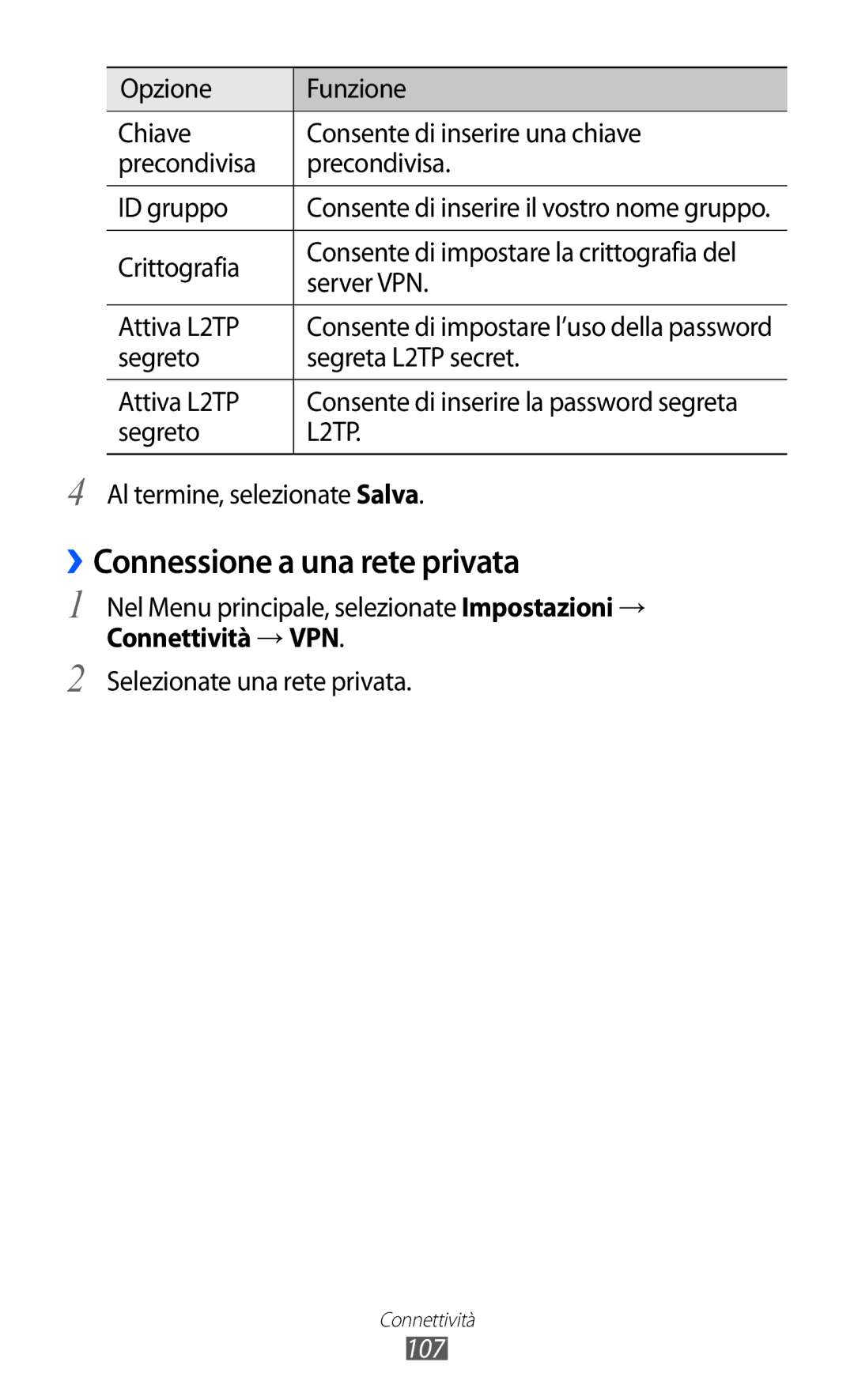 Samsung GT-S8500BAAITV, GT-S8500HKAOMN, GT-S8500BAATIM manual ››Connessione a una rete privata, Connettività → VPN, 107 