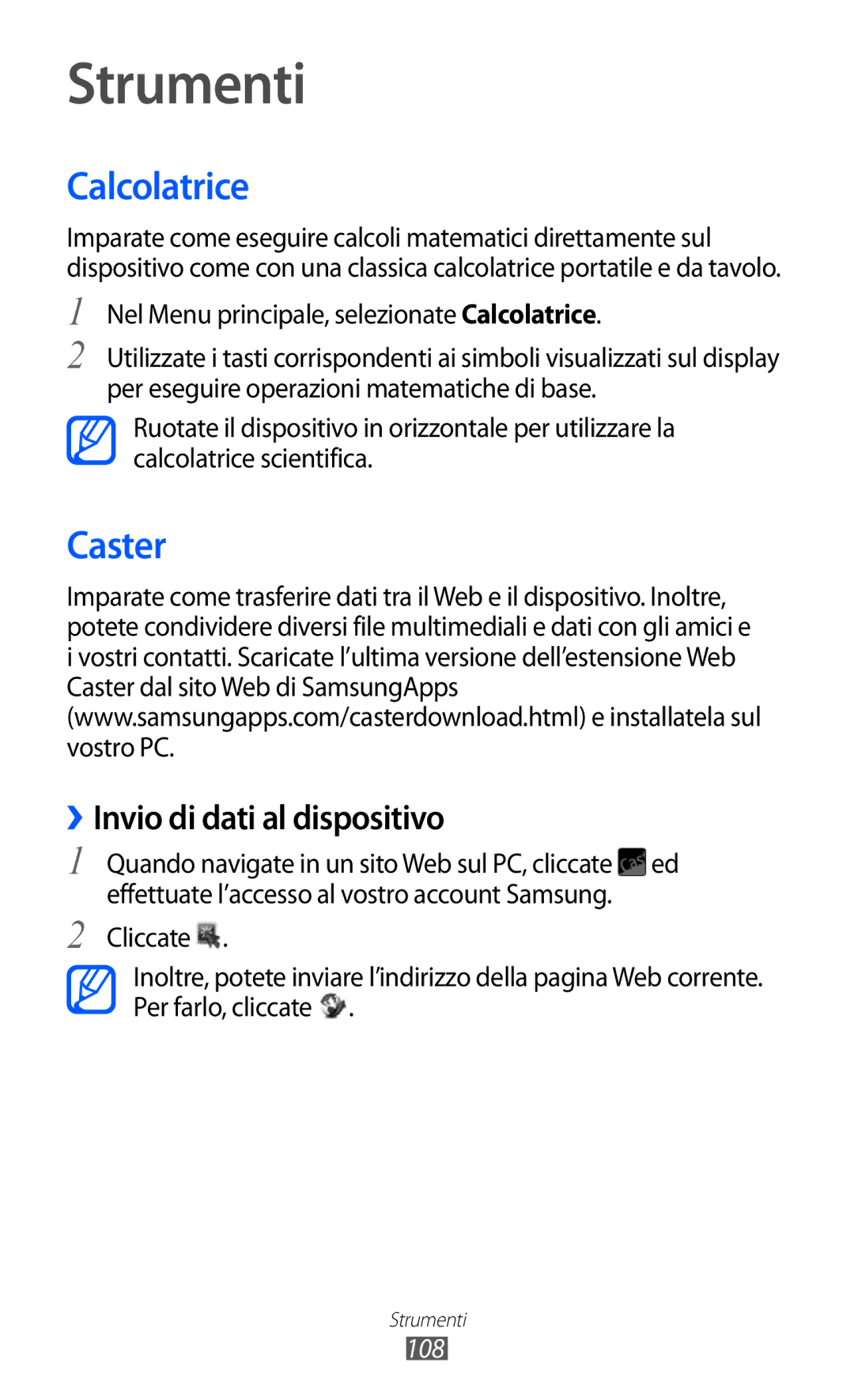 Samsung GT-S8500BAAWIN, GT-S8500HKAOMN, GT-S8500BAATIM manual Calcolatrice, Caster, ››Invio di dati al dispositivo, 108 