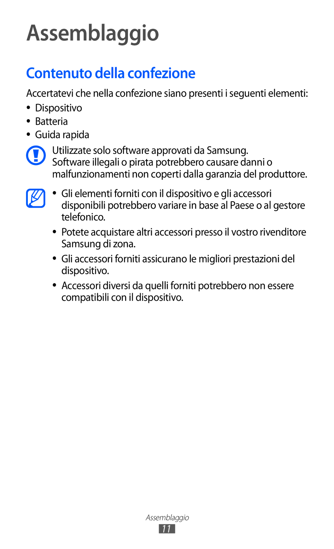 Samsung GT-S8500HKACMF, GT-S8500HKAOMN, GT-S8500BAATIM, GT-S8500ISATIM manual Assemblaggio, Contenuto della confezione 