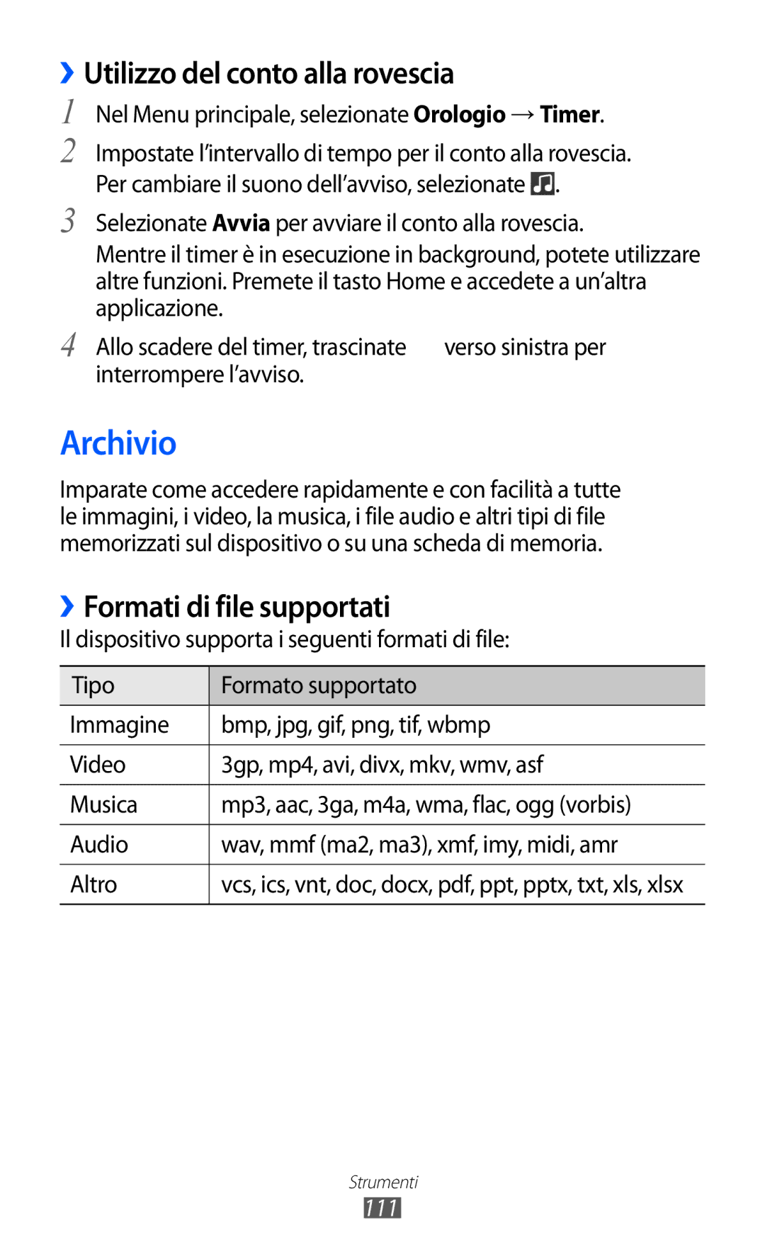 Samsung GT-S8500ISAOMN, GT-S8500HKAOMN Archivio, ››Utilizzo del conto alla rovescia, ››Formati di file supportati, 111 