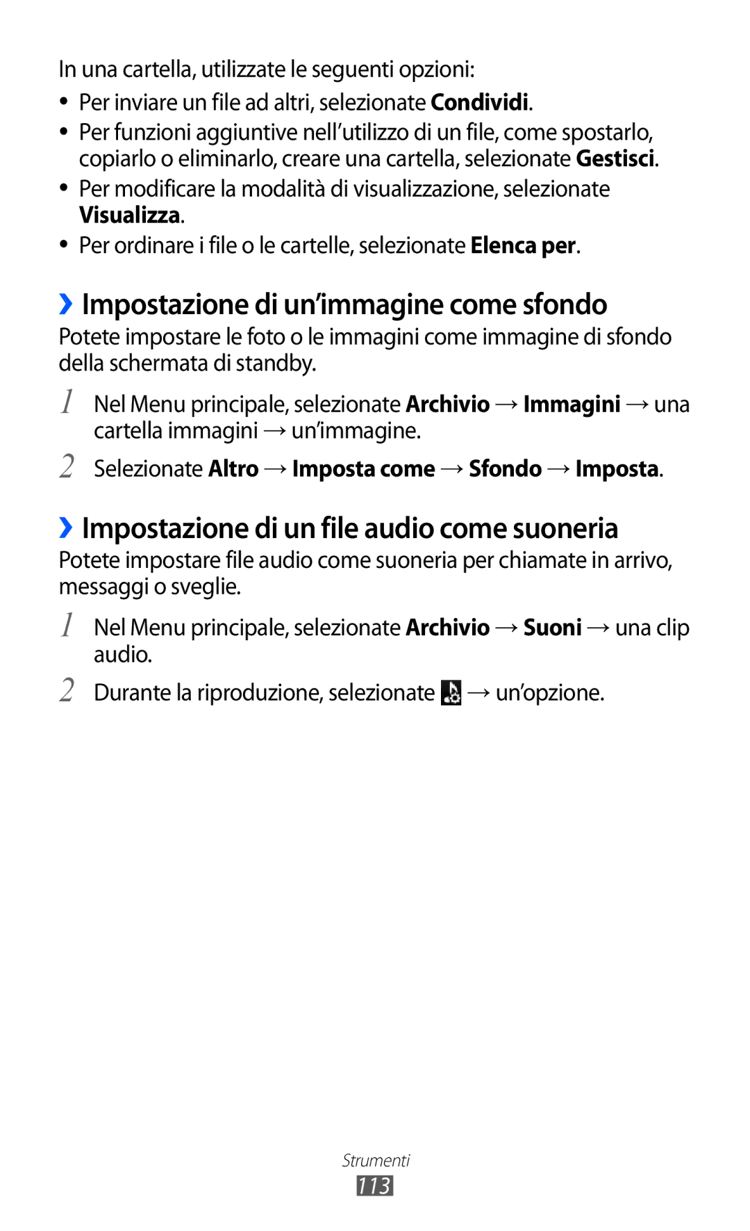 Samsung GT-S8500HKAITV manual ››Impostazione di un’immagine come sfondo, ››Impostazione di un file audio come suoneria, 113 