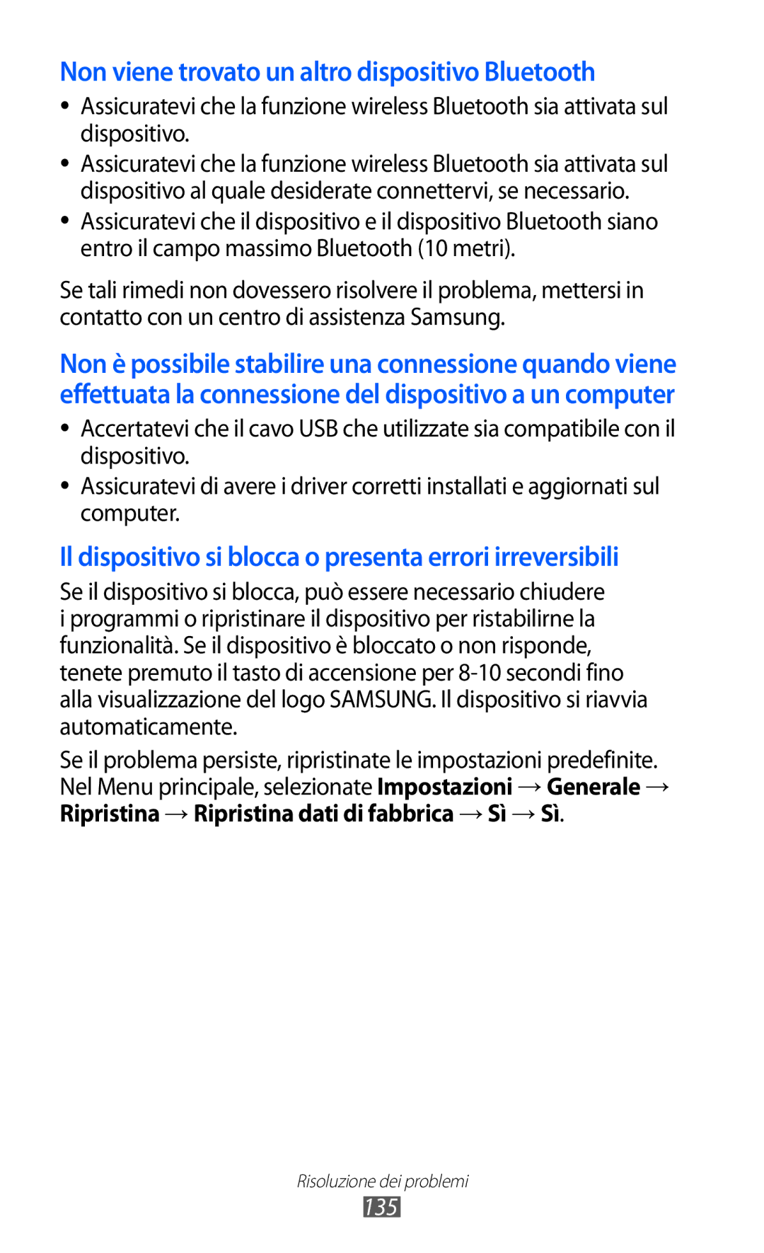 Samsung GT-S8500BAAOMN, GT-S8500HKAOMN, GT-S8500BAATIM, GT-S8500ISATIM Non viene trovato un altro dispositivo Bluetooth, 135 