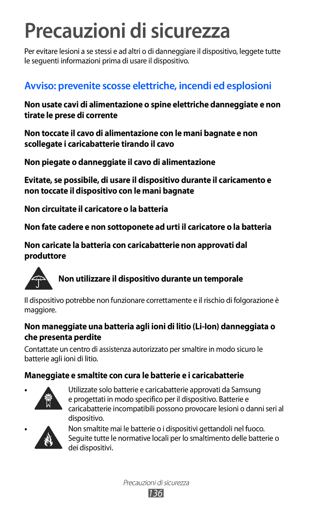 Samsung GT-S8500HKAWIN, GT-S8500HKAOMN, GT-S8500BAATIM, GT-S8500ISATIM, GT-S8500BAAITV manual Precauzioni di sicurezza, 136 