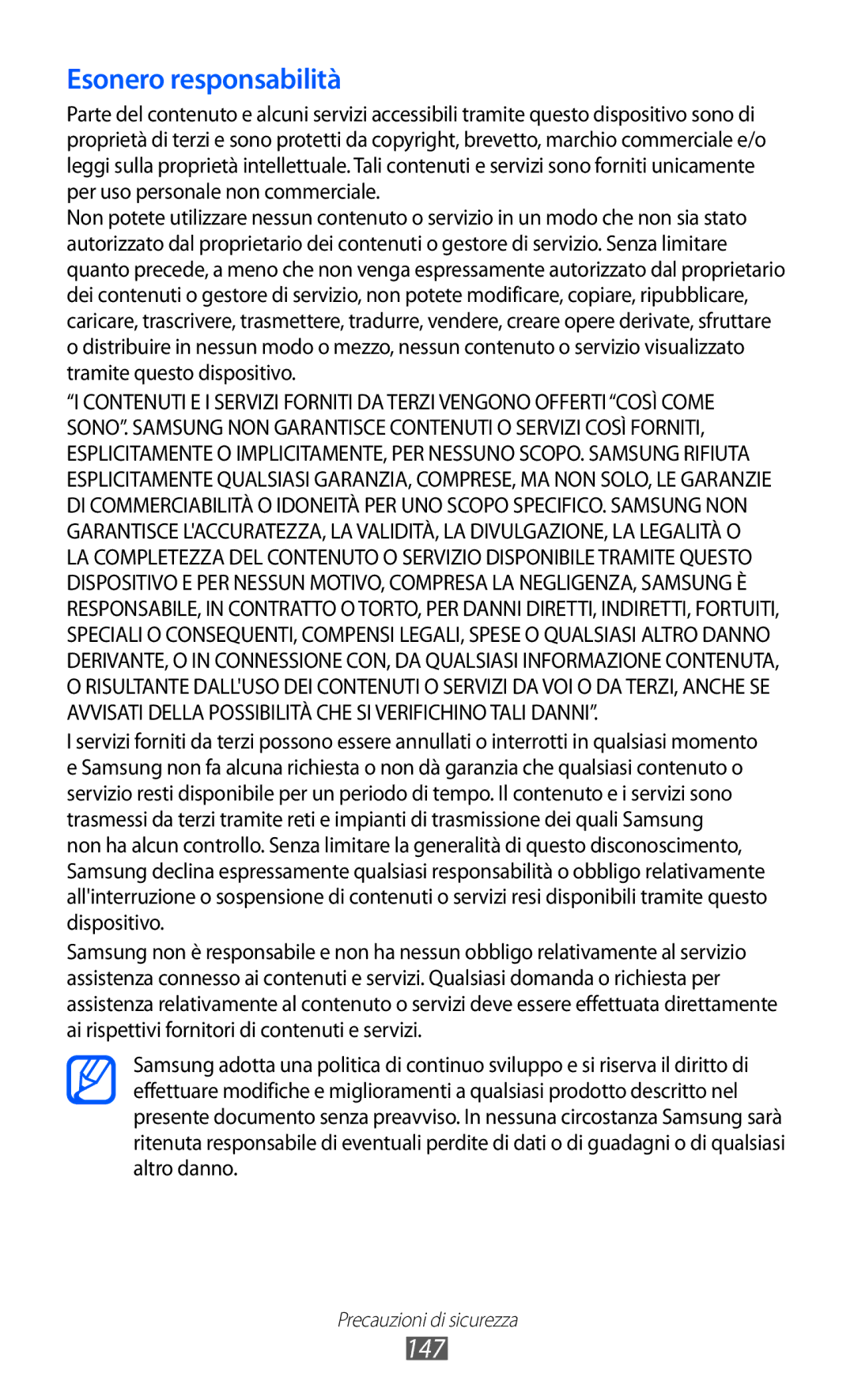 Samsung GT-S8500BAAWIN, GT-S8500HKAOMN, GT-S8500BAATIM, GT-S8500ISATIM, GT-S8500BAAITV manual Esonero responsabilità, 147 