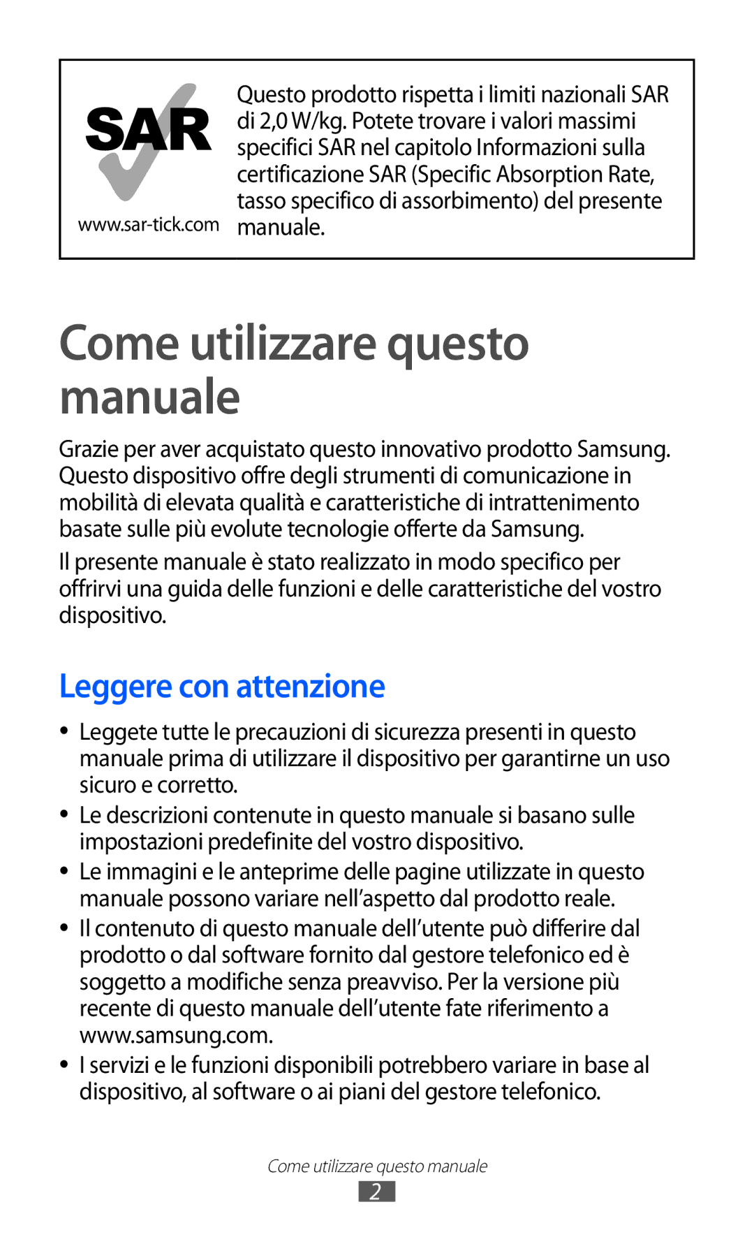 Samsung GT-S8500ISATIM, GT-S8500HKAOMN, GT-S8500BAATIM Come utilizzare questo manuale, Leggere con attenzione 