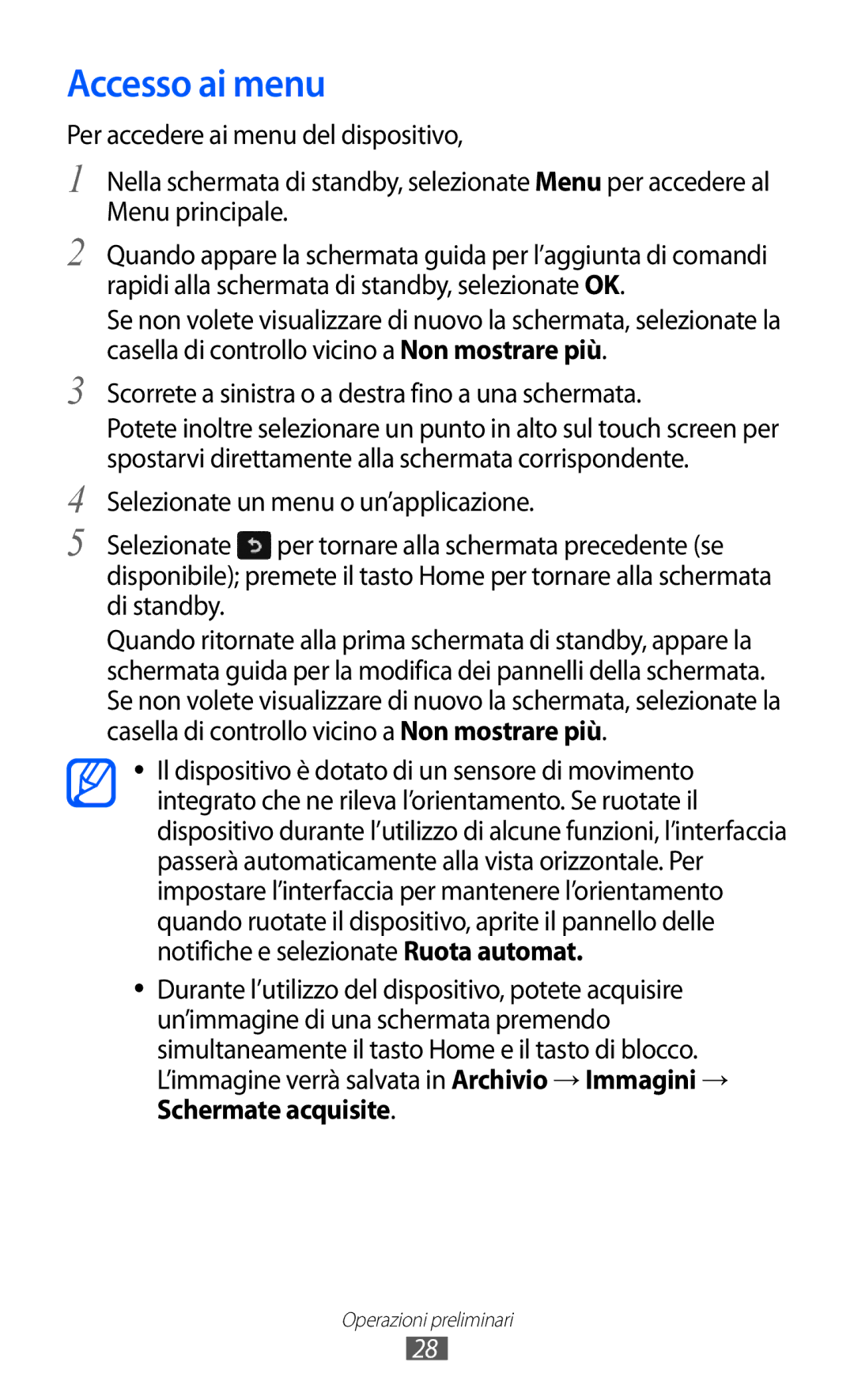 Samsung GT-S8500ISATIM, GT-S8500HKAOMN, GT-S8500BAATIM Accesso ai menu, Scorrete a sinistra o a destra fino a una schermata 