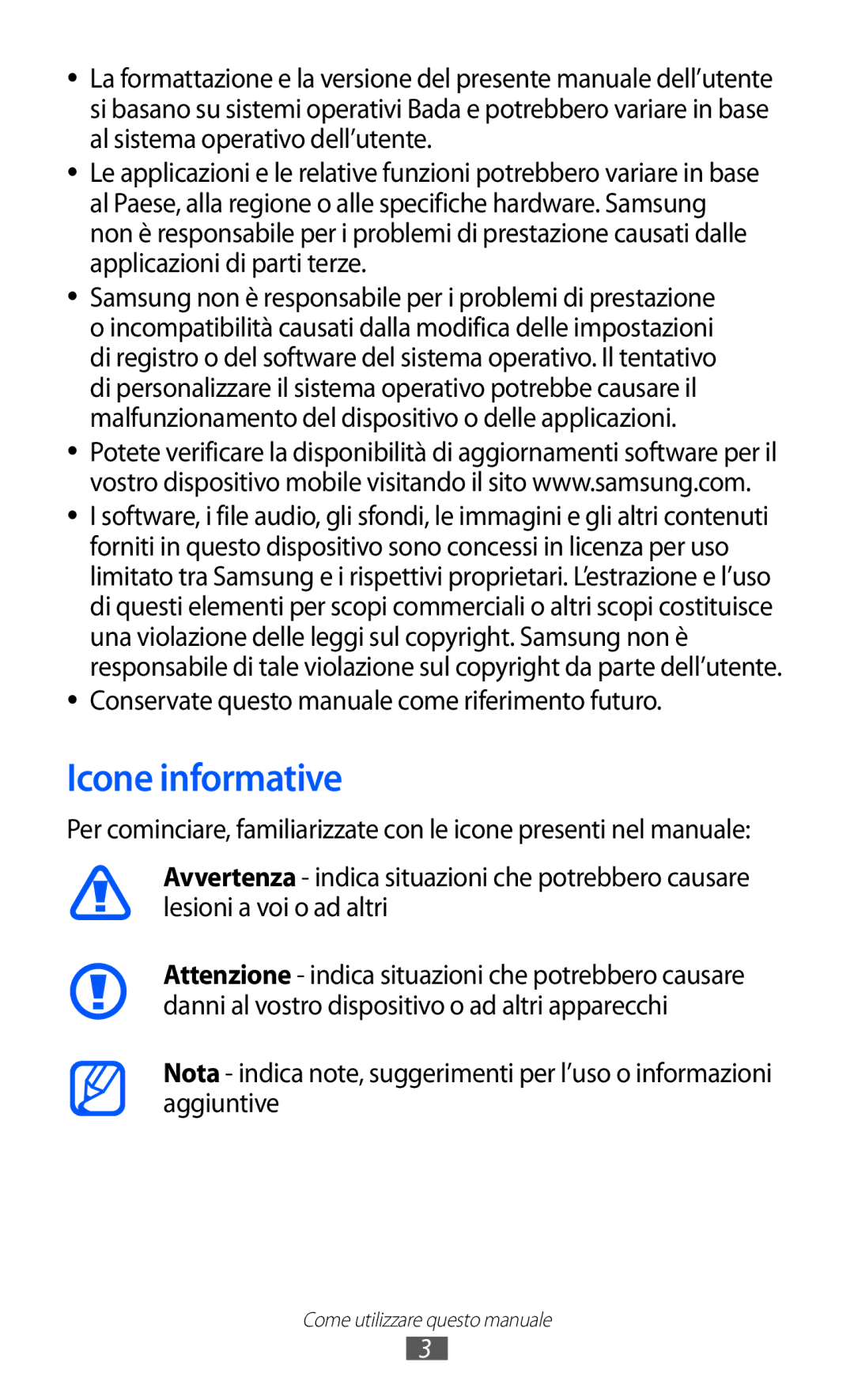 Samsung GT-S8500BAAITV, GT-S8500HKAOMN, GT-S8500BAATIM Icone informative, Conservate questo manuale come riferimento futuro 