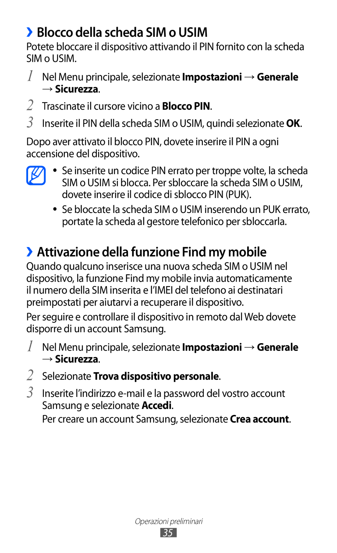 Samsung GT-S8500HKAITV manual ››Blocco della scheda SIM o Usim, ››Attivazione della funzione Find my mobile, → Sicurezza 