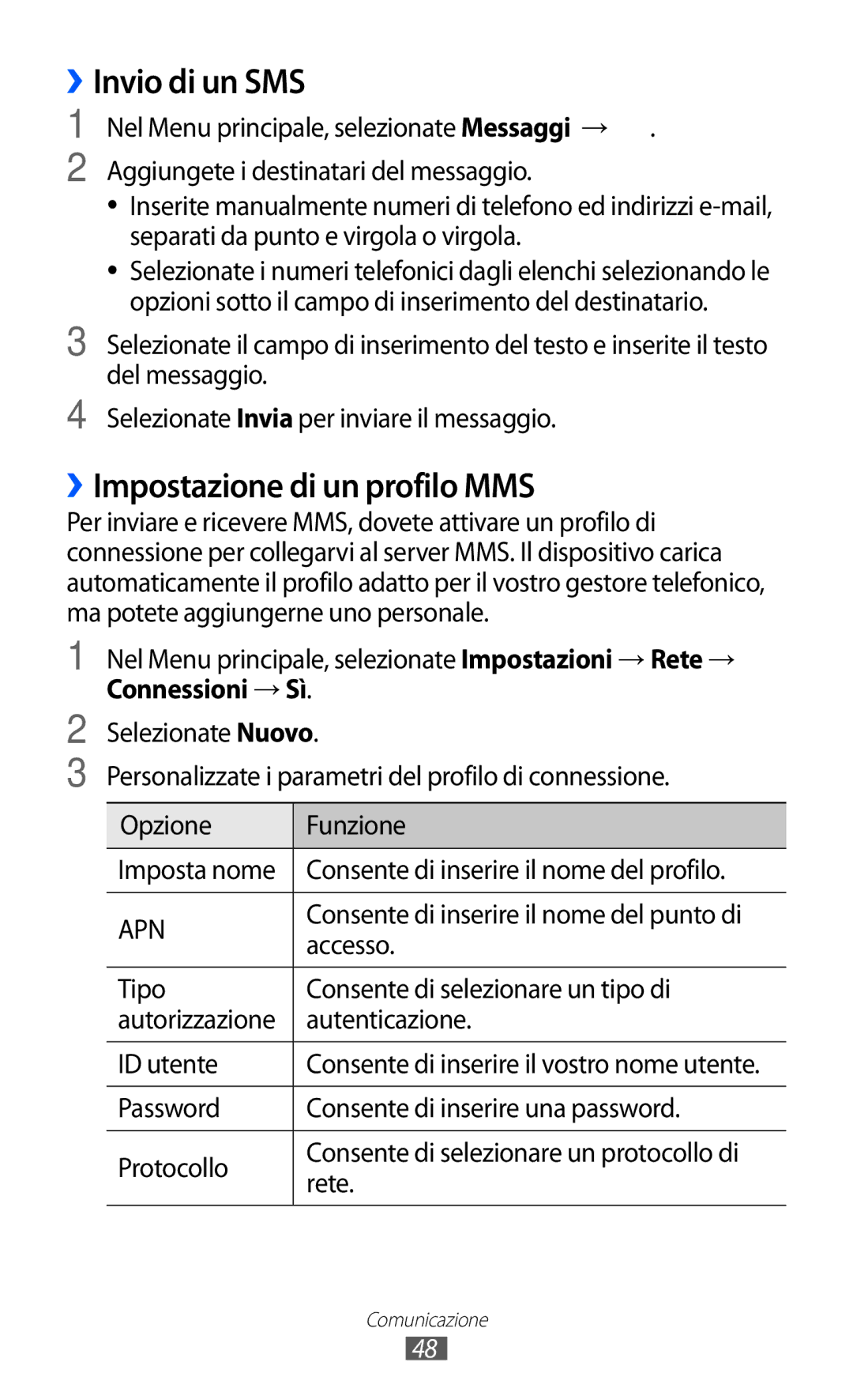 Samsung GT-S8500HKAITV, GT-S8500HKAOMN, GT-S8500BAATIM ››Invio di un SMS, ››Impostazione di un profilo MMS, Accesso, Rete 