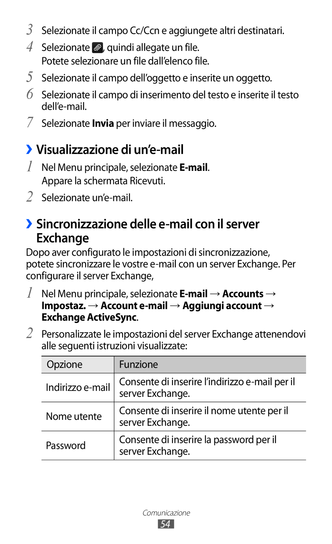 Samsung GT-S8500ISATIM manual ››Visualizzazione di un’e-mail, ››Sincronizzazione delle e-mail con il server Exchange 