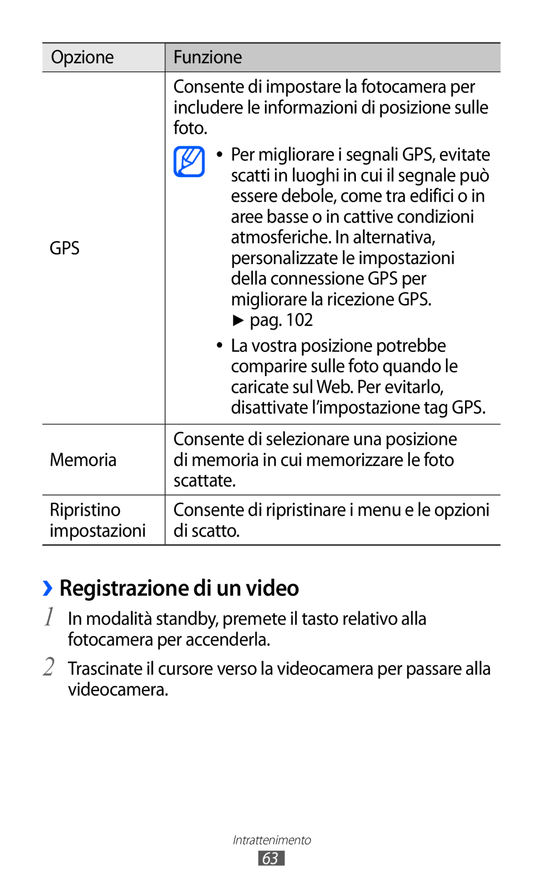 Samsung GT-S8500HKACMF, GT-S8500HKAOMN manual ››Registrazione di un video, Includere le informazioni di posizione sulle 