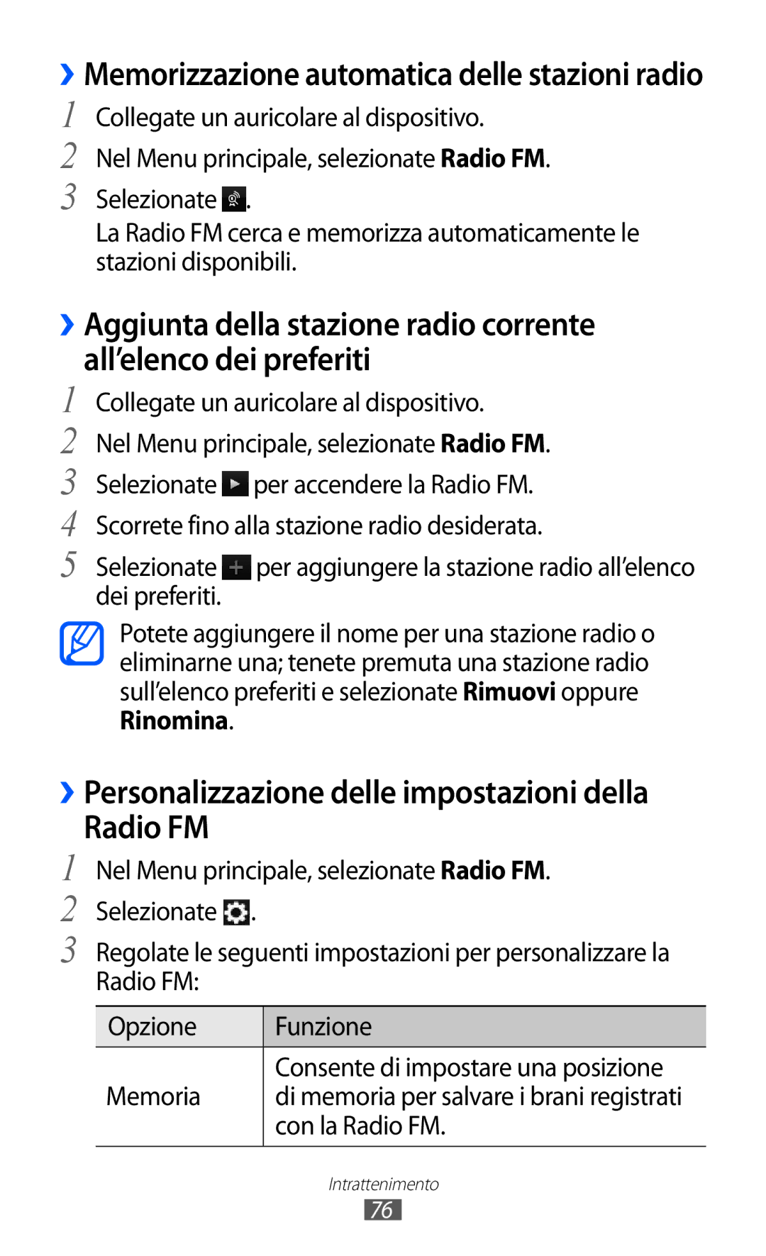 Samsung GT-S8500HKACMF ››Personalizzazione delle impostazioni della Radio FM, Di memoria per salvare i brani registrati 