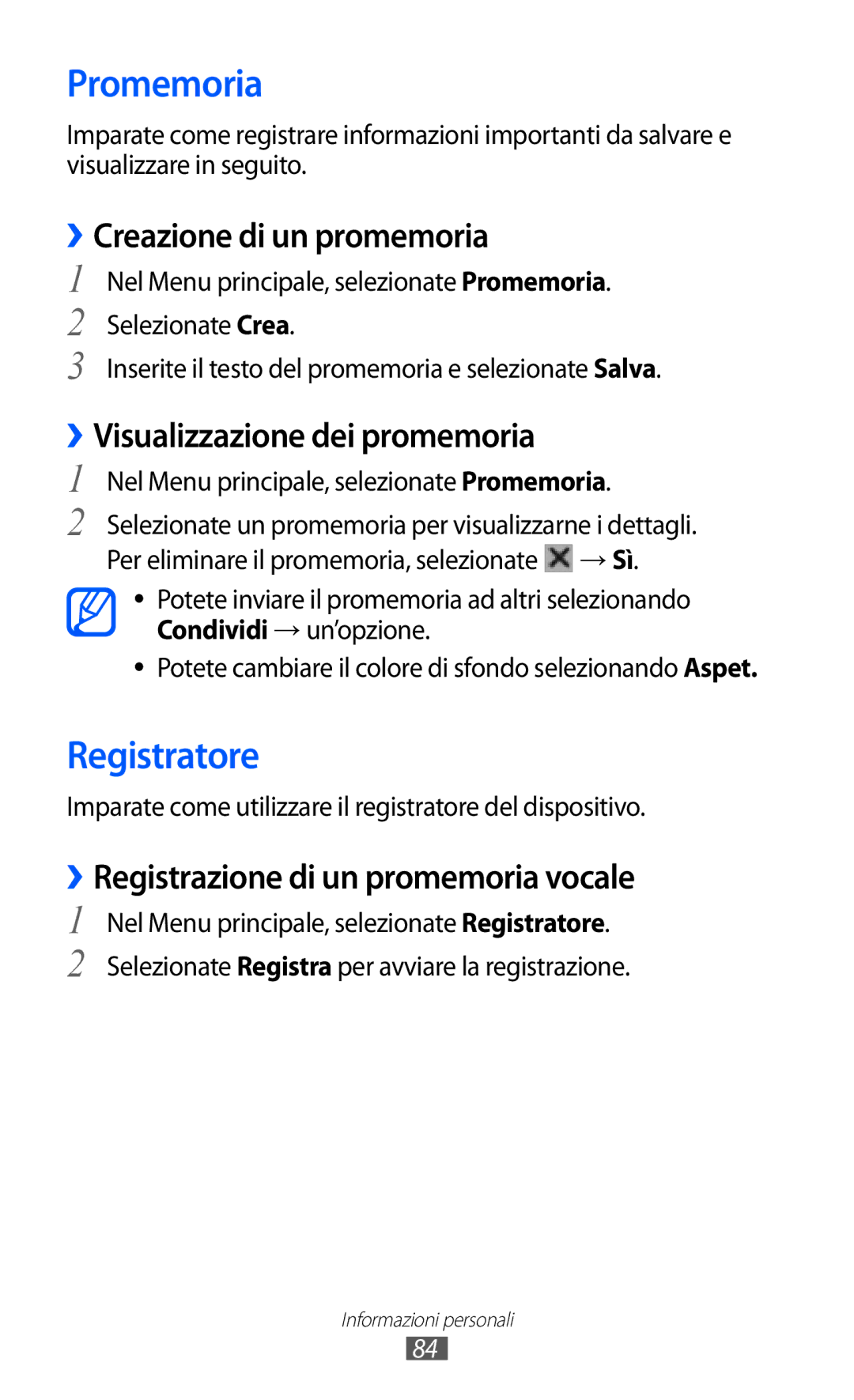 Samsung GT-S8500HKAWIN manual Promemoria, Registratore, ››Creazione di un promemoria, ››Visualizzazione dei promemoria 