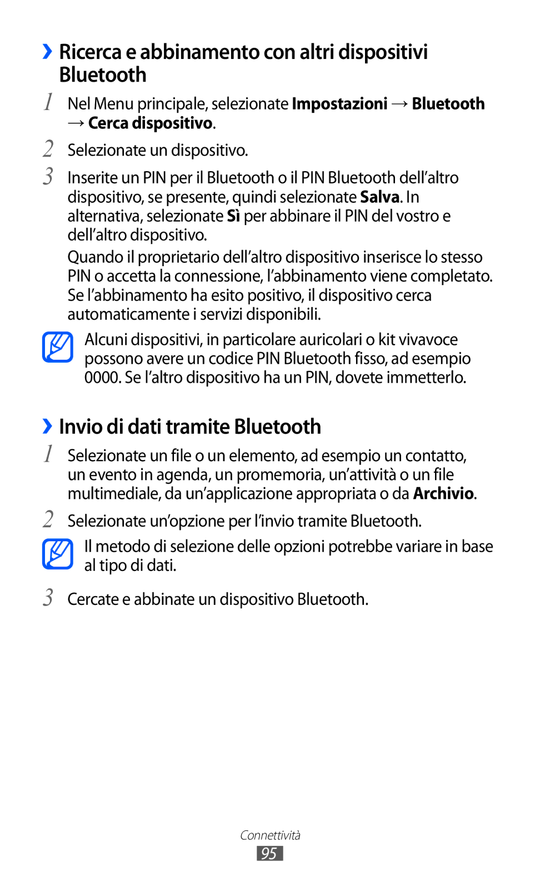 Samsung GT-S8500BAAWIN manual ››Ricerca e abbinamento con altri dispositivi Bluetooth, ››Invio di dati tramite Bluetooth 