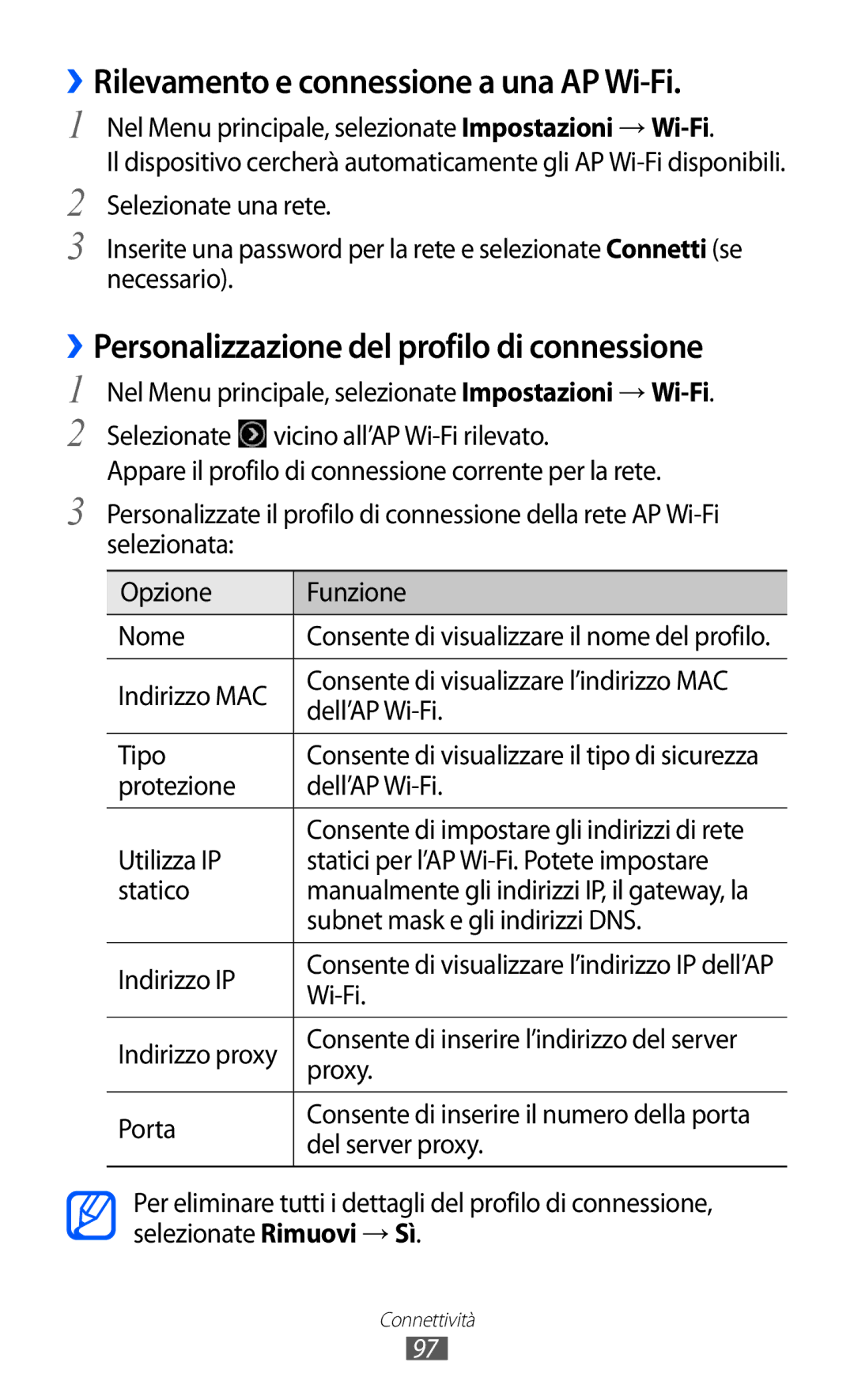 Samsung GT-S8500HKAWIN manual ››Rilevamento e connessione a una AP Wi-Fi, ››Personalizzazione del profilo di connessione 