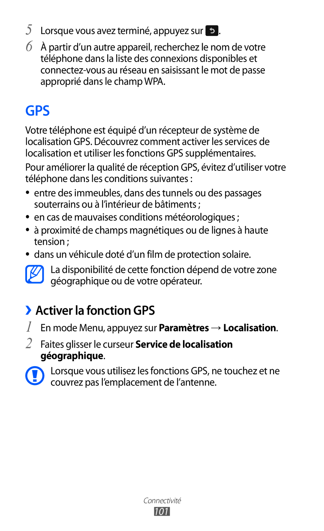 Samsung GT-S8500BAAVGF, GT-S8500HKAXEF manual ››Activer la fonction GPS, Lorsque vous avez terminé, appuyez sur, 101 