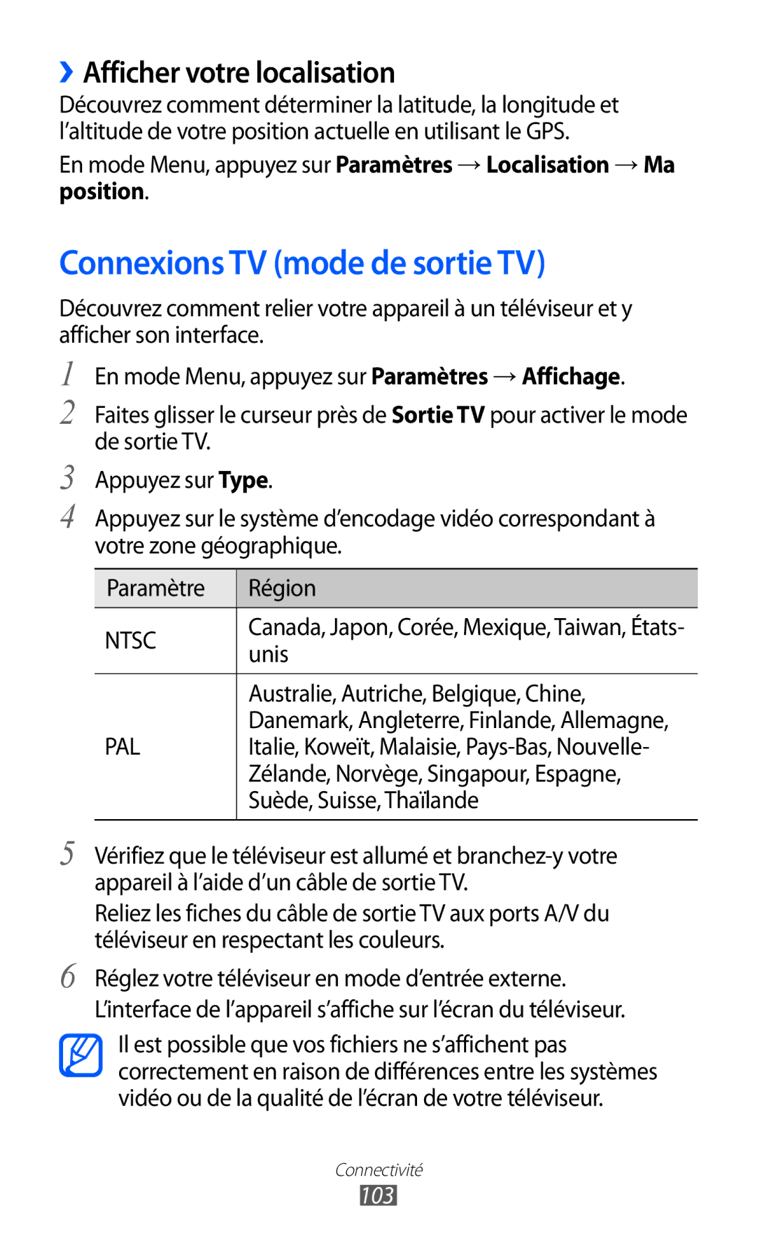 Samsung GT-S8500BAAORN, GT-S8500HKAXEF, GT-S8500HKABOG Connexions TV mode de sortie TV, ››Afficher votre localisation, 103 