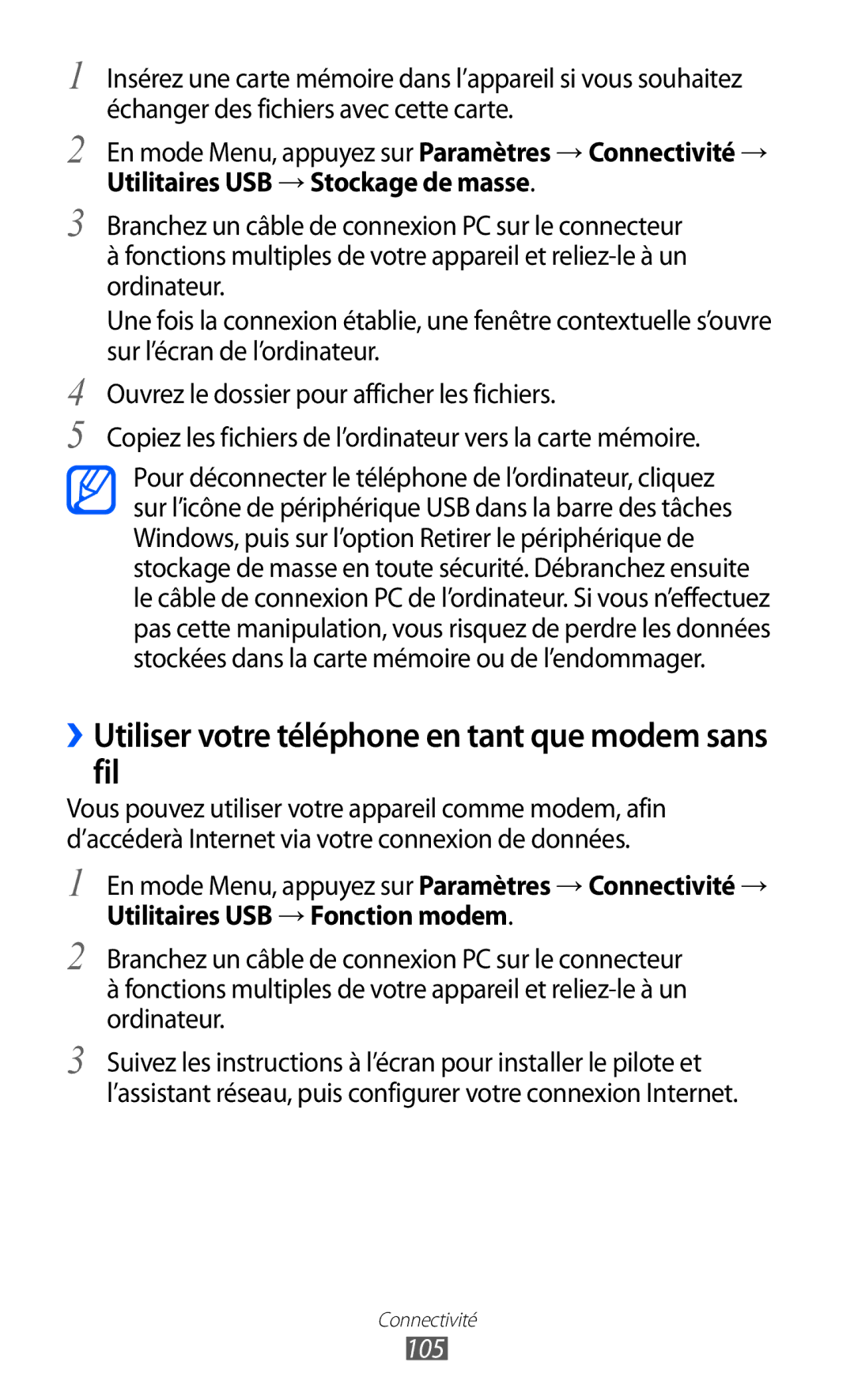 Samsung GT-S8500HKASFR, GT-S8500HKAXEF, GT-S8500HKABOG manual ››Utiliser votre téléphone en tant que modem sans fil, 105 