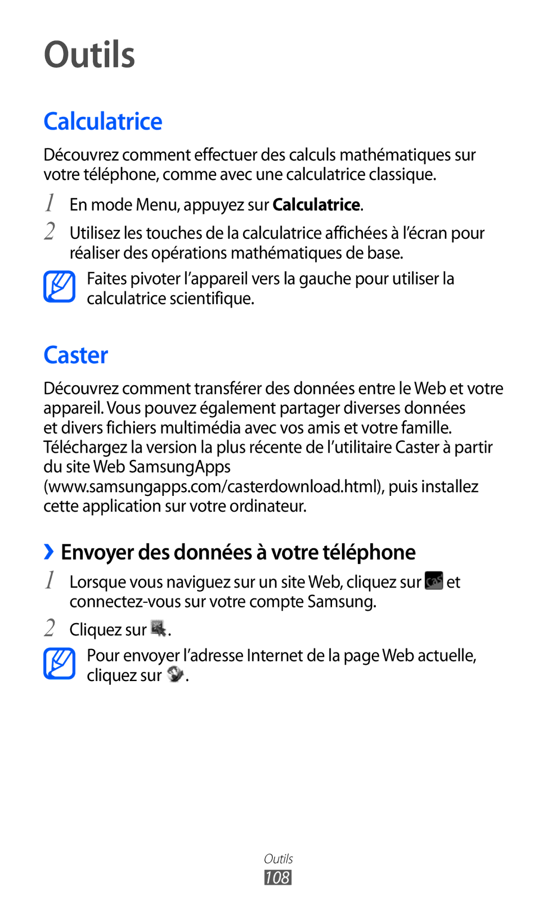 Samsung GT-S8500GAAXEF, GT-S8500HKAXEF manual Outils, Calculatrice, Caster, ››Envoyer des données à votre téléphone, 108 