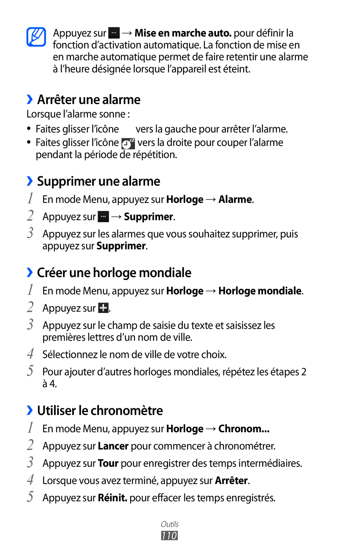 Samsung GT-S8500BAAXEF, GT-S8500HKAXEF ››Arrêter une alarme, ››Supprimer une alarme, ››Créer une horloge mondiale, 110 