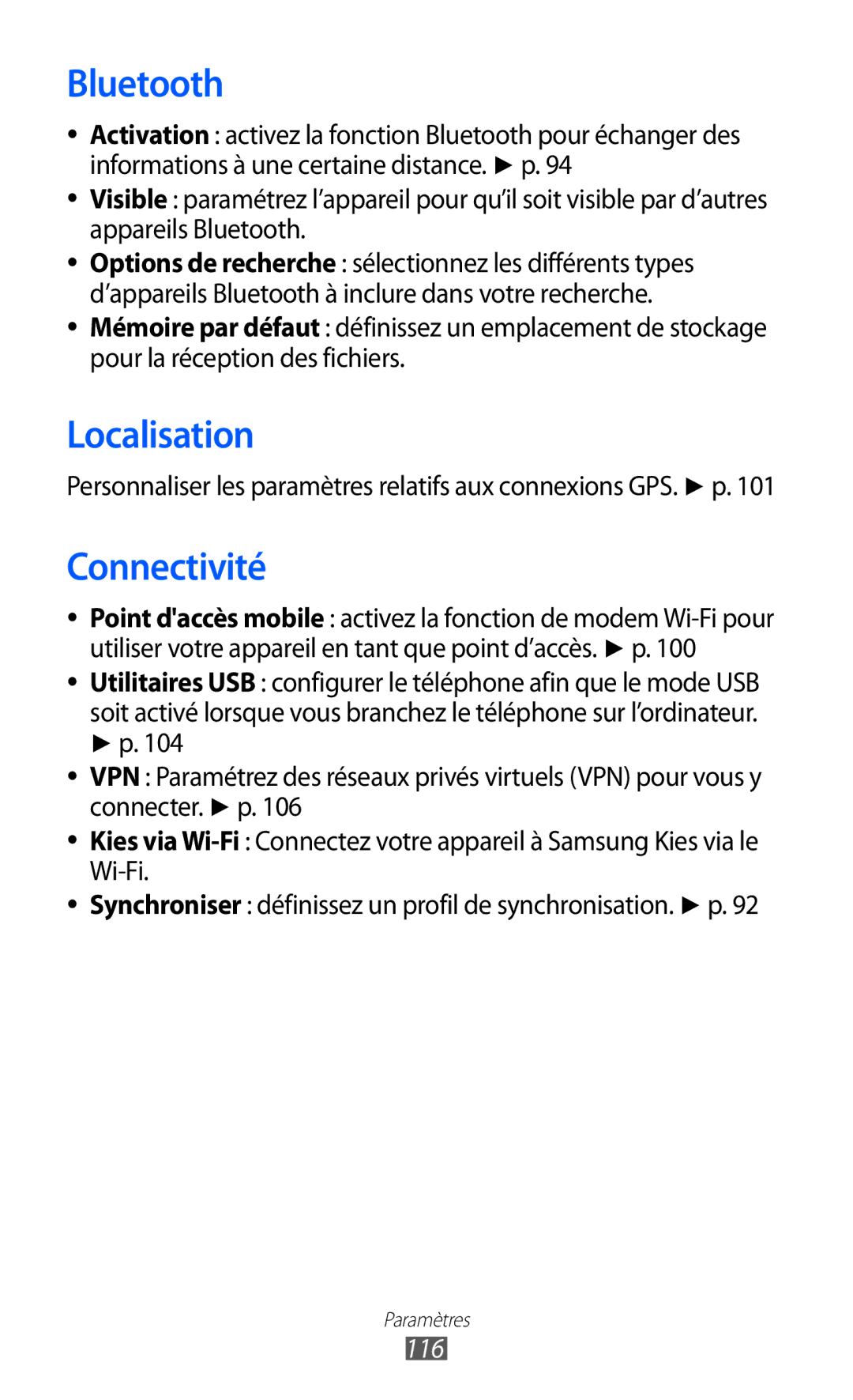 Samsung GT-S8500BAAORC, GT-S8500HKAXEF, GT-S8500HKABOG, GT-S8500BAASFR, GT-S8500BAAVGF manual Localisation, Connectivité, 116 