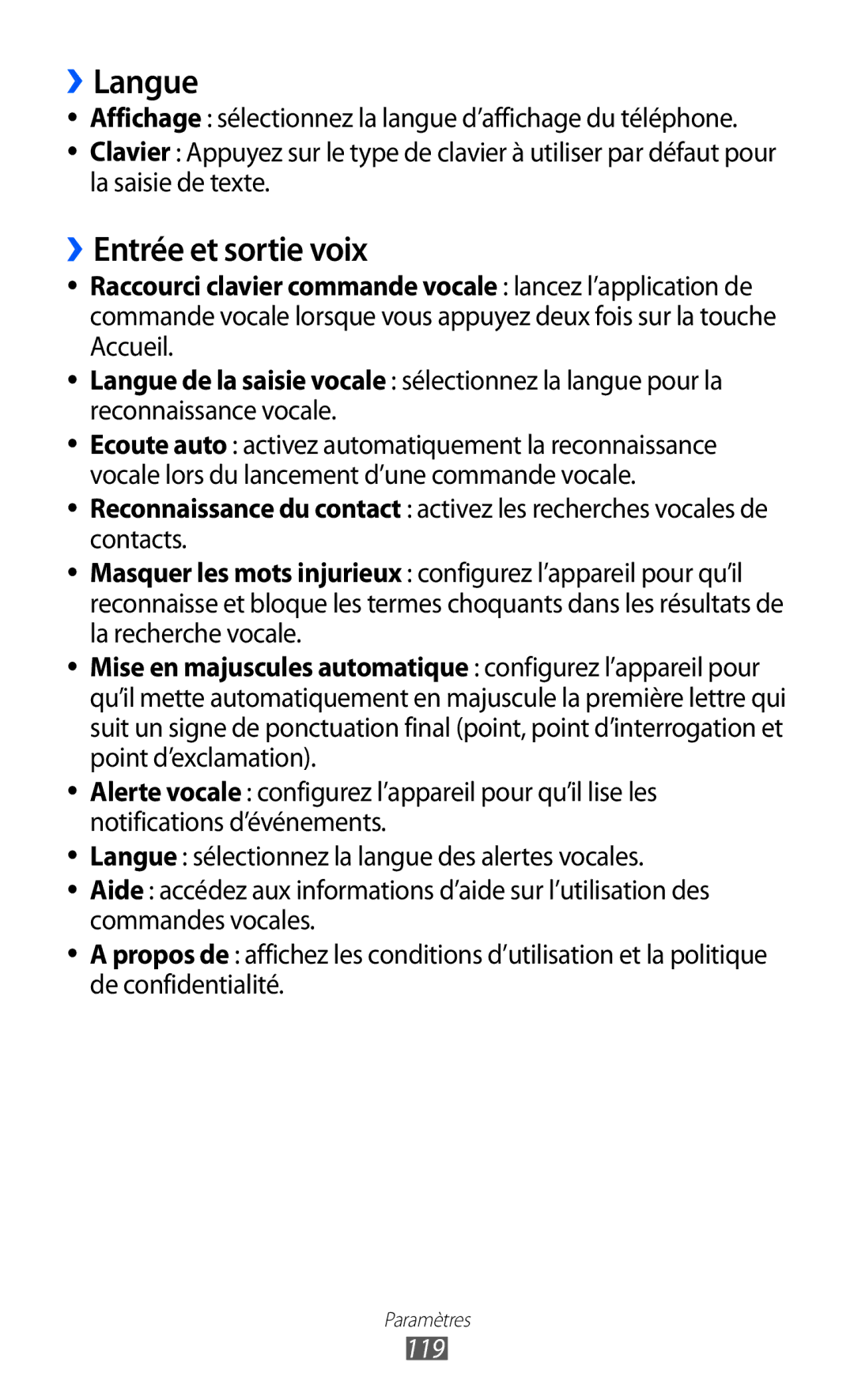 Samsung GT-S8500HKASFR, GT-S8500HKAXEF, GT-S8500HKABOG, GT-S8500BAASFR, GT-S8500BAAVGF ››Langue, ››Entrée et sortie voix, 119 