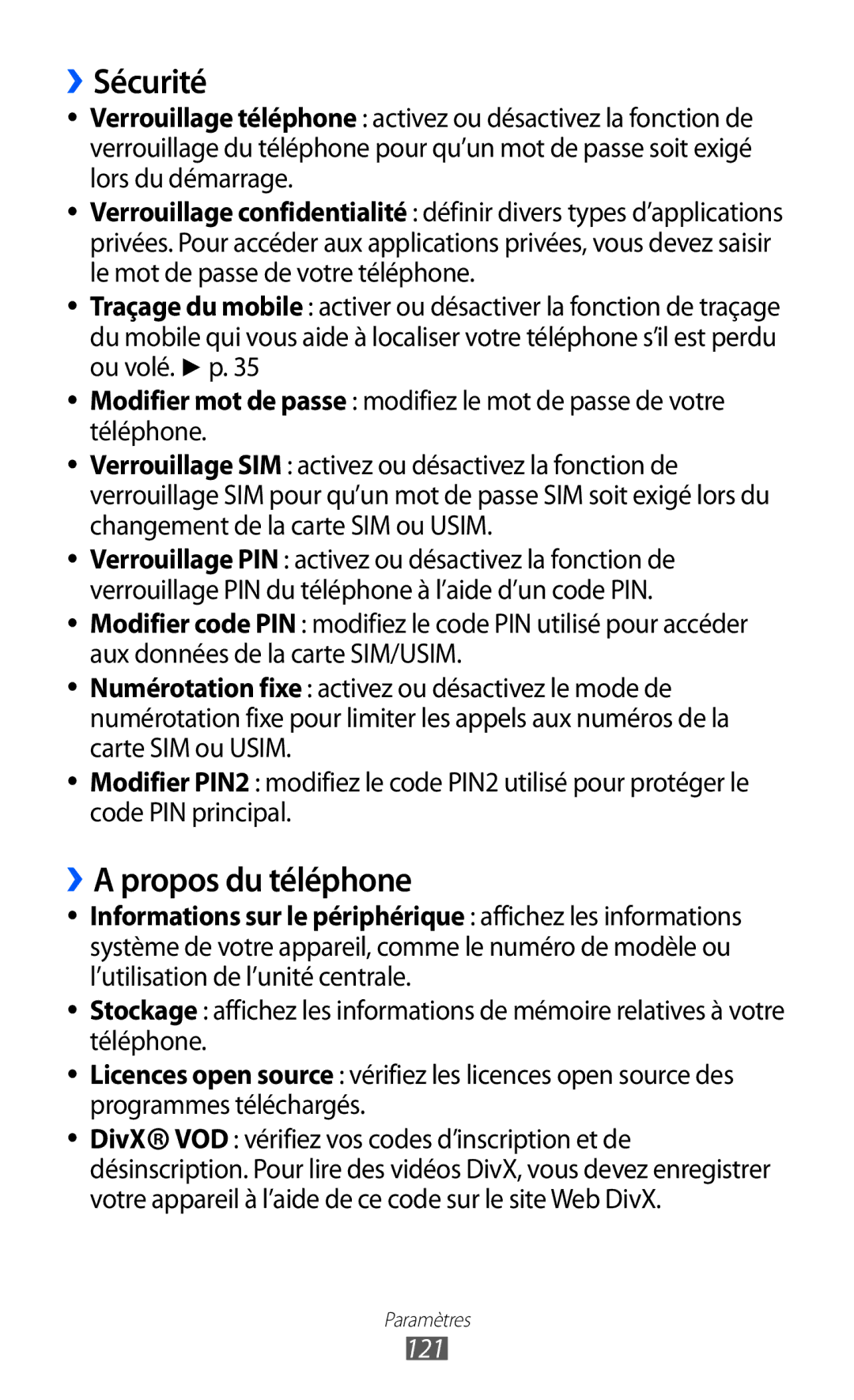 Samsung GT-S8500BAAFTM, GT-S8500HKAXEF, GT-S8500HKABOG, GT-S8500BAASFR manual ››Sécurité, ››A propos du téléphone, 121 