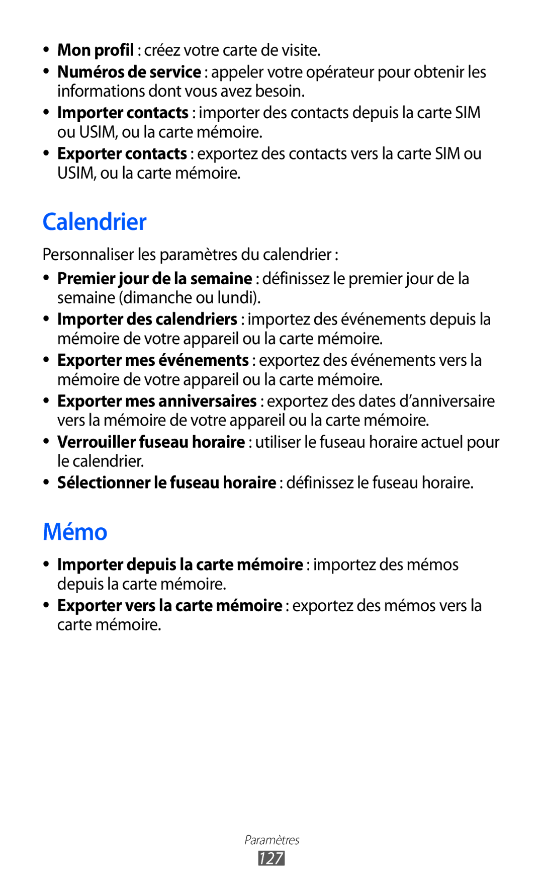 Samsung GT-S8500HKABOG, GT-S8500HKAXEF, GT-S8500BAASFR manual Personnaliser les paramètres du calendrier, Carte mémoire, 127 