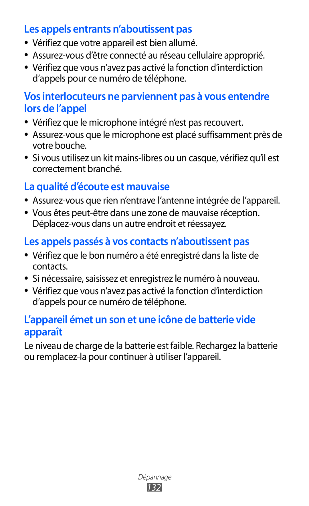 Samsung GT-S8500BAABOG, GT-S8500HKAXEF, GT-S8500HKABOG, GT-S8500BAASFR manual Les appels entrants n’aboutissent pas, 132 